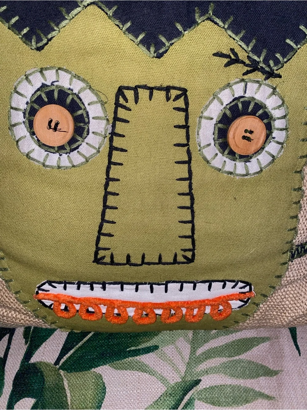 Handcrafted Frankenstein Accent Pillow with Button Eyes